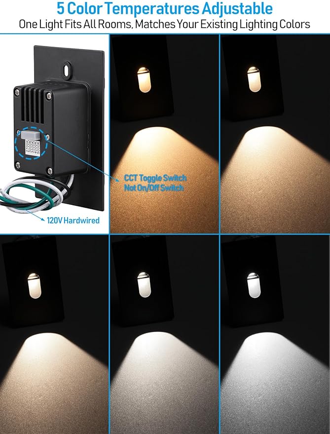 LEONLITE Indoor LED Step Light, 5CCT 120V Dimmable Pin Hole Stair Lights, Anti-Glare 30° Streamlined Lighting Effect for Staircase Bedroom, CRI90, ETL, Black, Vertical, Pack of 6