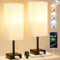 White Bedside Lamps for Bedroom Set of 2 - Small Rectangular Nightstand Lamp with AC Outlet Charging Port, 3 Color Temperatures Desk Light with Bulb, Tabletop Reading Lamp for Living Room/Dorm/Office