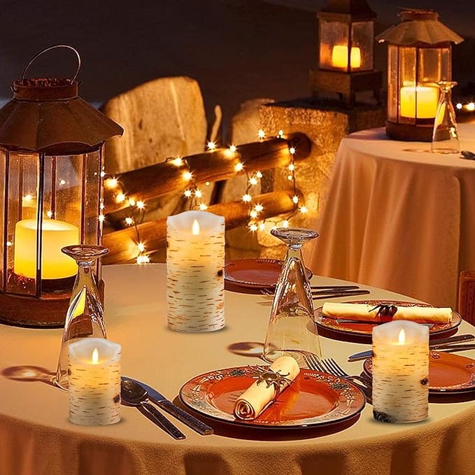 Birch Bark Effect Flameless Candles Battery Operated Pillar Real Wax Flickering Electric LED Candle Sets with Remote Control Cycling 24 Hours Timer, 4" 5" 6" Pack of 3
