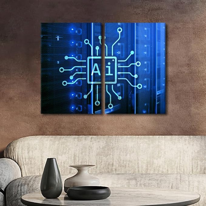 3 Pieces Painting AI Intelligence Wall Art for Living Room Modern Home Decor Automation Canvas Pictures House Decorations Artwork Paitings Framed Stretched Ready to Hang, 24" Wx16 H