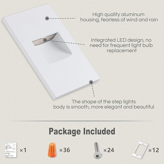 FTL 12-Pack Step Lights Indoor Outdoor Stair Lights LED Dimmable, 120V 3 Color Changing 3000K/4000K/5000K Deck Step Light 150LM 3.5W, White Vertical Waterproof Aluminum for Staircase