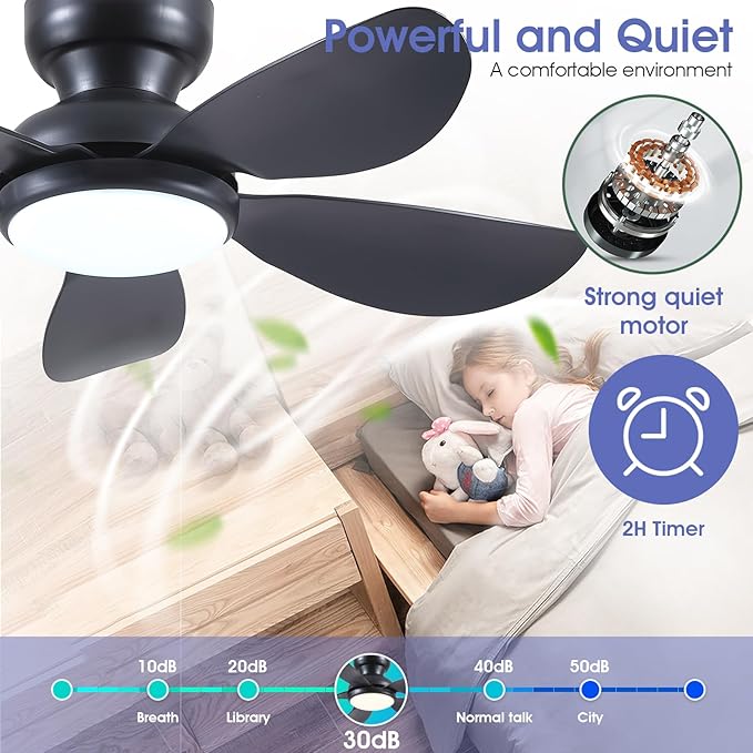 36 Inch Modern Ceiling Fans with Lights, Small Flush Mount Ceiling Fan, Remote/APP Control, 5 Reversible Curved Blades, 6 Speeds, 3 CCT Dimmable Lights for Kids Room Bedroom, Black