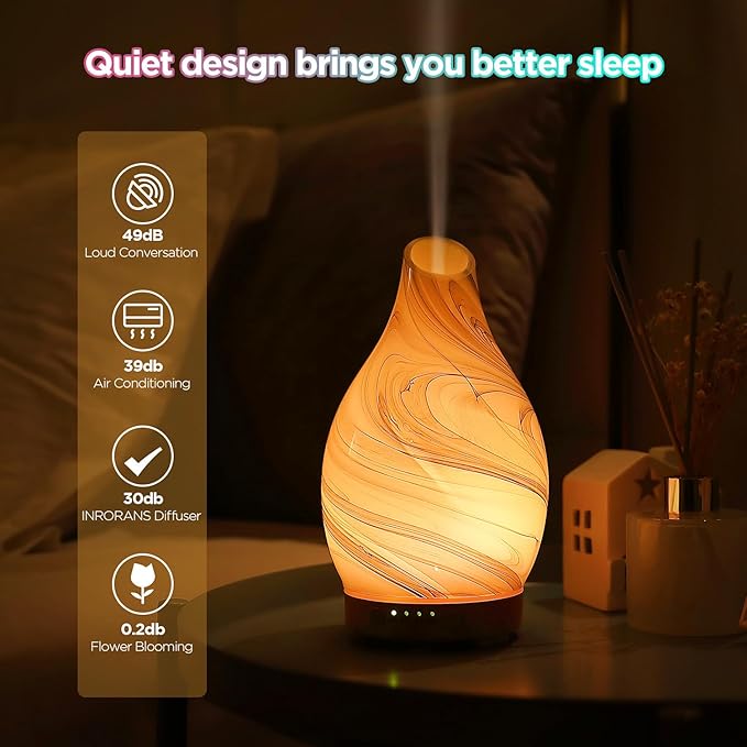 Essential Oil Diffuser, Art Glass Ultrasonic Aromatherapy Diffuser for Home 160ml with Intermittent Mist & LED 7 Colorful Changing Night Light for Bedroom-Ink Dyeing Time