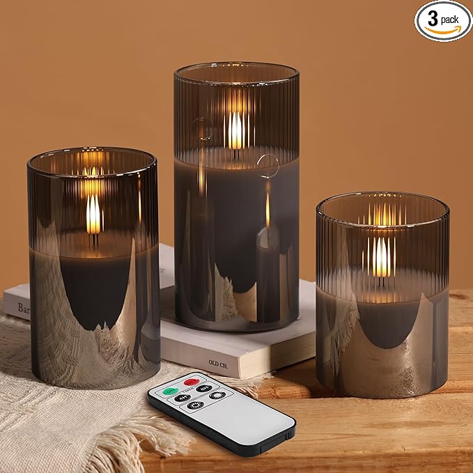 Eywamage Smoke Grey Ribbed Glass Flameless Pillar Candles with Remote, Flickering LED Wax Candles Battery Operated Set of 3