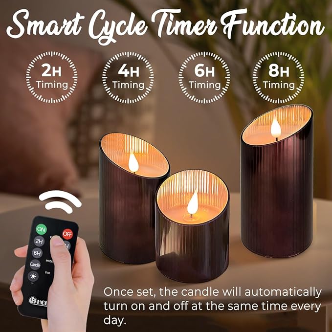 Rechargeable Flameless Candle, Flickering LED Pillar Glass Fake Candle with Remote and Timer, Built-in Battery Real Wax Electronic Candle for Room Decoration, Set of 3