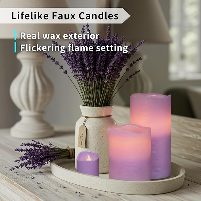 FURORA LIGHTING Purple Real Wax Flameless Candles with Remote and Timer, 4 Pillars and 4 Votives Pack of 8, LED Flickering Candles for Home Décor, Battery Included