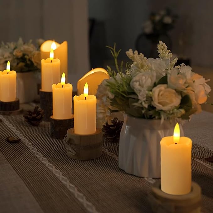Battery Operated Plastic Flameless LED Drip Votive Candle with Cycling Timer, 6 Pack Flickering Realistic Electric Light for Indoor Bookshelf Wedding Dinner Party Centerpiece Fireplace X-mas Decor