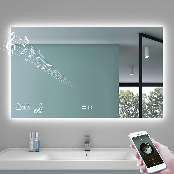 BYECOLD 40"x 24" Lighted Bathroom Mirror with Bluetooth, WiFi/Anti-Fog/Dimmable 3 Colors Backlit Bathroom Smart Mirror with Lights Wall Mounted Memory Function Touch Sensor - Horizontally Hangs