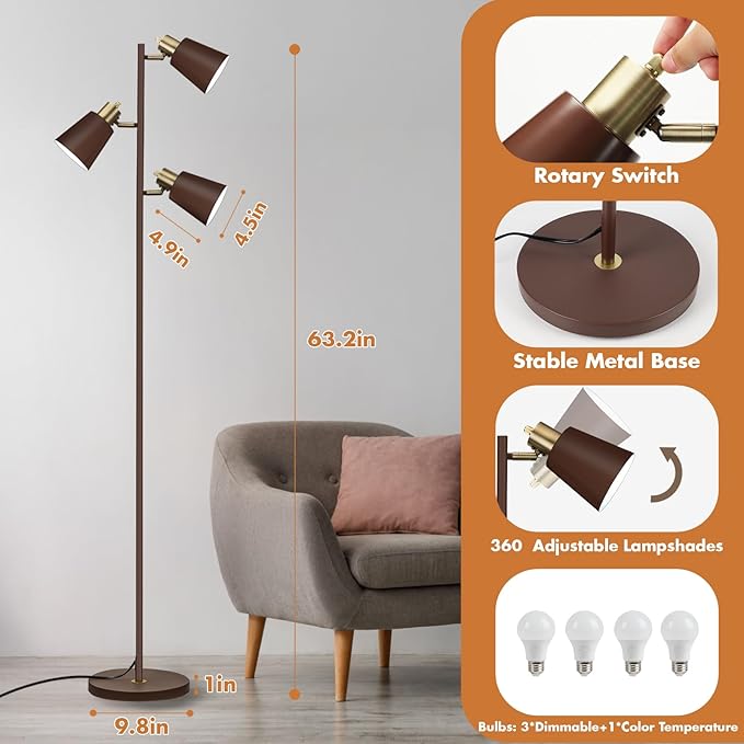 Tree Floor Lamp for Living Room, Industrial 3-Light Standing Lamp with 3 LED Bulbs, Adjustable Rotation Heads, Standing Tall Pole Lamp Farmhouse Rustic Reading Lamps for Bedroom Office (Brown)