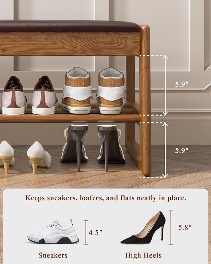Shoe Rack Bench with Hidden Storage, 2-Tier Solid Rubberwood Entryway Bench with Soft Leather Cushioned Seat & Flip-Top Storage, 330lbs Capacity, Wooden Shoe Organizer for Hallway, Closet, Foyer
