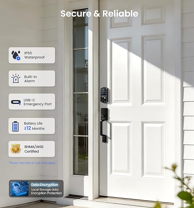Veise VE017 Fingerprint Smart Door Lock, App Control, 8-in-1 Keyless Entry, Auto Lock, Emergency Power Port, Electronic Touchscreen Keypad, Biometric Smart Locks for Front Door, Matte Black
