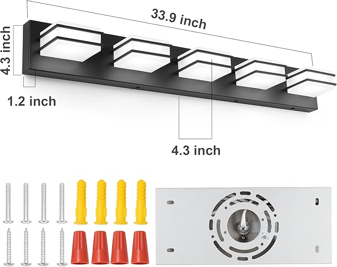 3 Color Temperature Dimmable Vanity Lighting Fixtures, LED Black 5 Light Bathroom Vanity Light Fixtures, Acrylic Stainless Steel Square Shade Vanity Lights for Bathroom, ETL Certificated