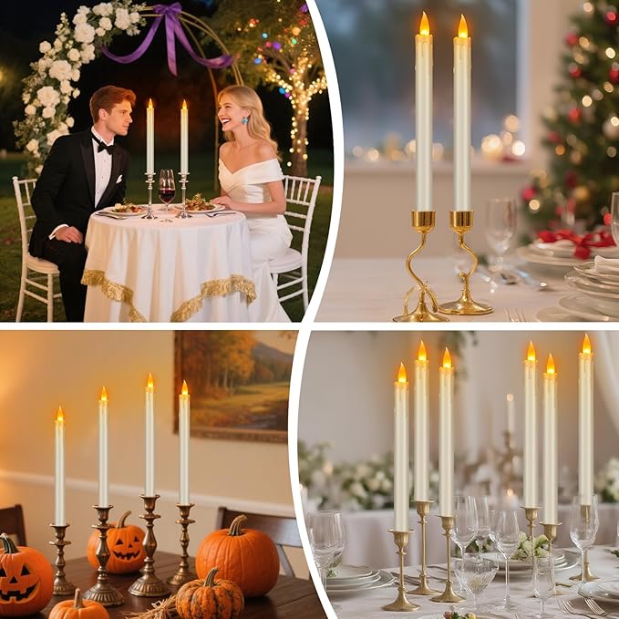 Flickering Flameless Taper Candles, 10" Fake Taper Candles Battery Operated with Timer, Long Lasting-Ivory Electric Led Candlesticks for Xmas Halloween Wedding Home Décor(Ivory Drip, 12 Pack)