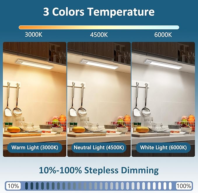 Ascher 10.2inch Under Cabinet Lights, 2000mAh Rechargeable Motion Sensor Light indoor, 3 Color Temperatures & Stepless Dimmable Closet Lights, Magnetic Under Counter Light for Kitchen, Silver - 2 Pack