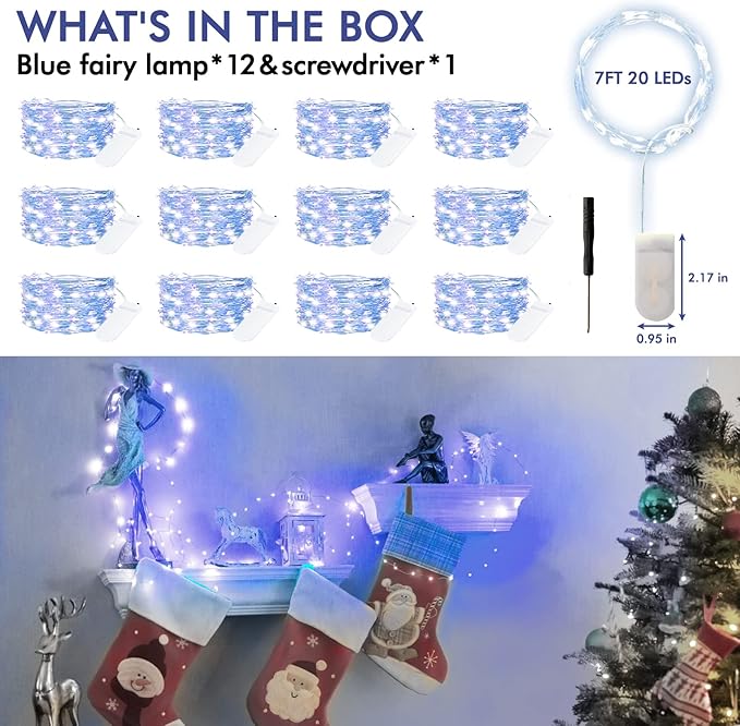 Bexdir 12 Pack Fairy Lights Battery Operated String Lights，7FT 20LED Waterproof Silver Wire Christmas Lights Outdoor,Firefly Mini Lights for Bedroom Party Birthday Wedding Home Decor
