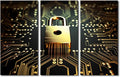 TUMOVO 3 Panel Large Wall Art Data Security Concept Poster Golden Padlock on Circuit Board Created with AI Picture for Home Office Wall Decorations, Stretched Framed Ready to Hang, 60" Wx40 H