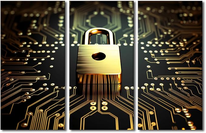 TUMOVO 3 Panel Large Wall Art Data Security Concept Poster Golden Padlock on Circuit Board Created with AI Picture for Home Office Wall Decorations, Stretched Framed Ready to Hang, 60" Wx40 H