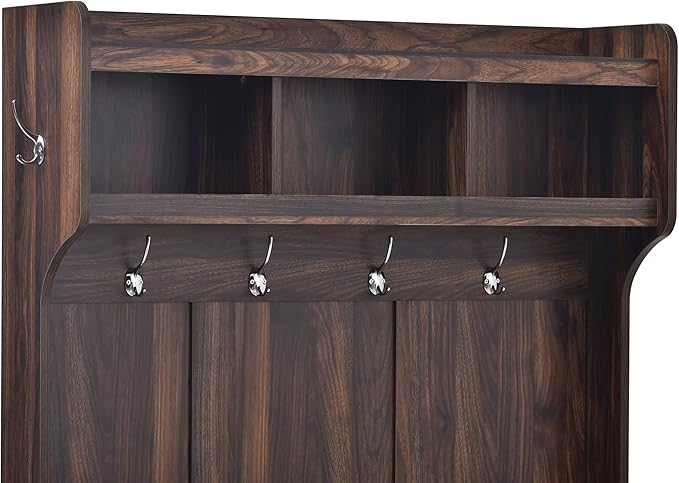 Retro 3-in-1 39.4INCH Hall Tree with 6 Hooks and Coat Hanger,Storage Bench and Open Shelves,for Livingroom Hallway Entryway Mudroom Use (Tiger@Hooks/)