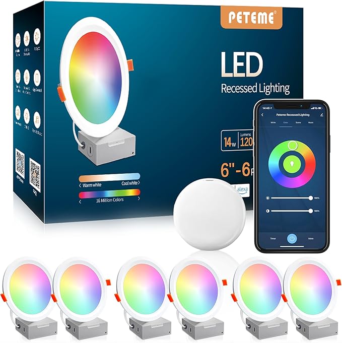 Smart LED Recessed Lighting 6 Inch, IC Rated & ETL Certified Recessed Ceiling Light, RGB & Cool & Warm White Dimmable Color Changing Downlight Work with Alexa/Google, Sync to Music, 1200Lumen,6 Pack