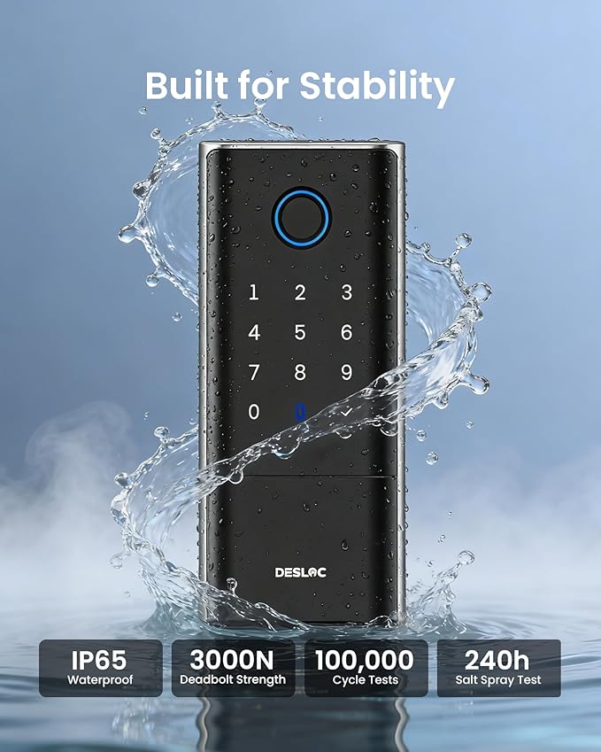 DESLOC Smart Lock K120 with GPT 3D Fingerprint, 15,000mAh Battery (Up to 13 Months), Keyless Entry Door Lock with Built-in WiFi, IP65 BHMA Grade 3 Deadbolt for Home, Rental & Airbnb, Black
