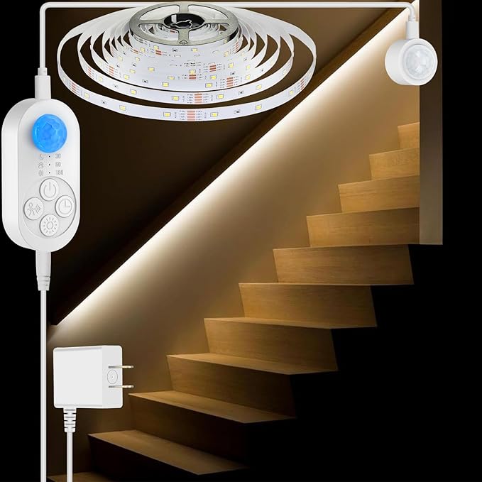 Dual Motion Sensor Light Indoor - Plug-in Motion Activated LED Stair Step with Double Sensors, Dimmer and Timer for Stairway, Bedroom, Corridor (Warm White 3000K 32.8FT Light Strip)
