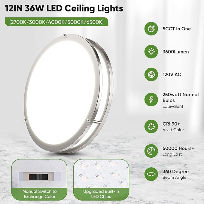 TOBUSA 2-Pack 12 Inch Flush Mount LED Ceiling Lights, 36W 3600lm Super Bright Kitchen Light Fixtures, 5CCT Adjustable LED Lights for Bedroom Bathroom Closet, Modern Ceiling Lamps, Brushed Nickle