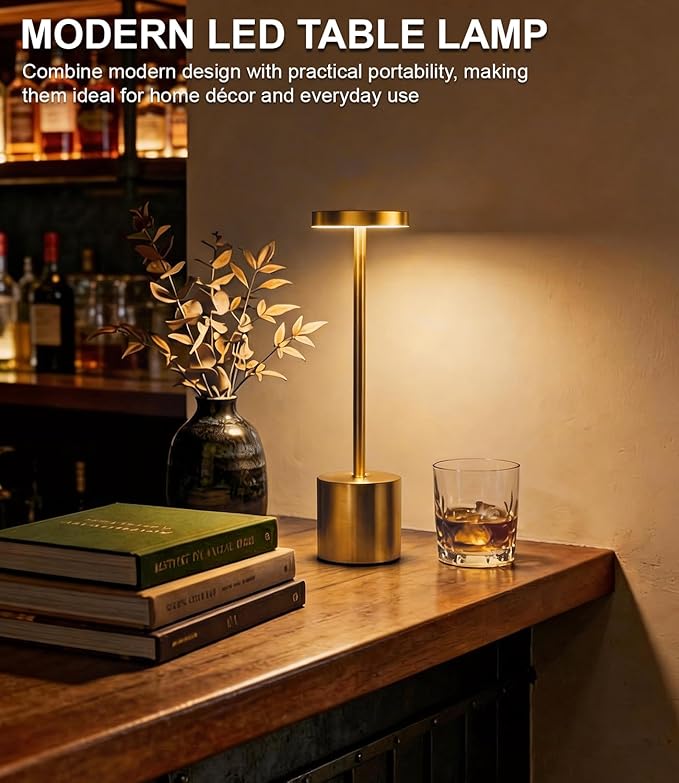Cordless Table Lamp Set of 2, Gold 5000mAh Rechargeable Battery Operated Lamps, Wireless 3 Color Dimmable Touch Lamp Table Light for Restaurant Dining Patio Outdoor, Home Decor