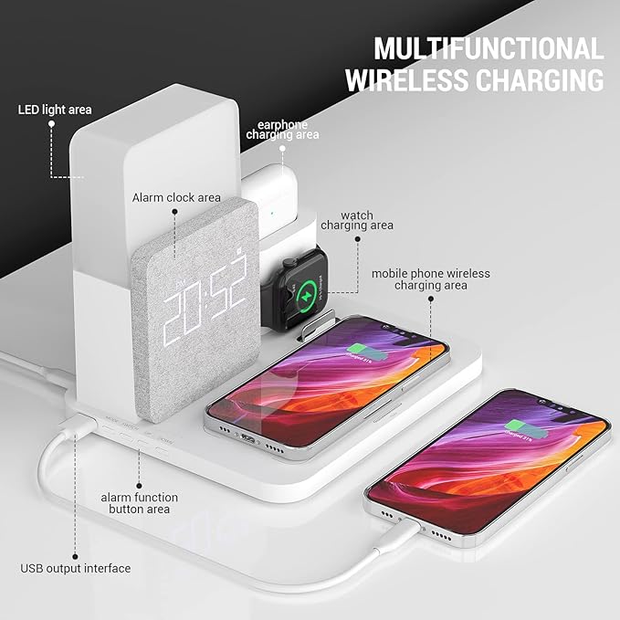 Wireless Charging Station, iPhone 3 in 1 Fast 15W Wireless Charger with Alarm Clock and Night Light, Charging Dock for iPhone 12/13/14/15/16/17 Pro/Pro Max, Samsung, AirPods