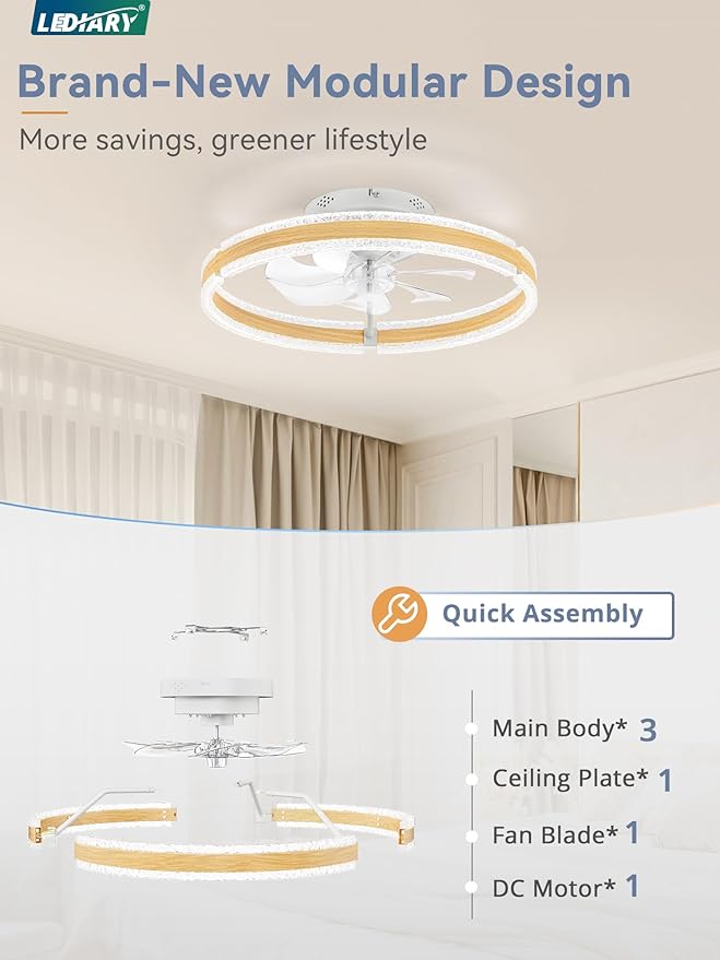 LEDIARY Ceiling Fans with Lights and Remote, 20'' Low Profile Ceiling Fan with Light, 3000-6000K Dimmable Fandelier Ceiling Fans, Modern Flush Mount Fan Light for Bedroom with 6 Wind Speeds-Wood Grain