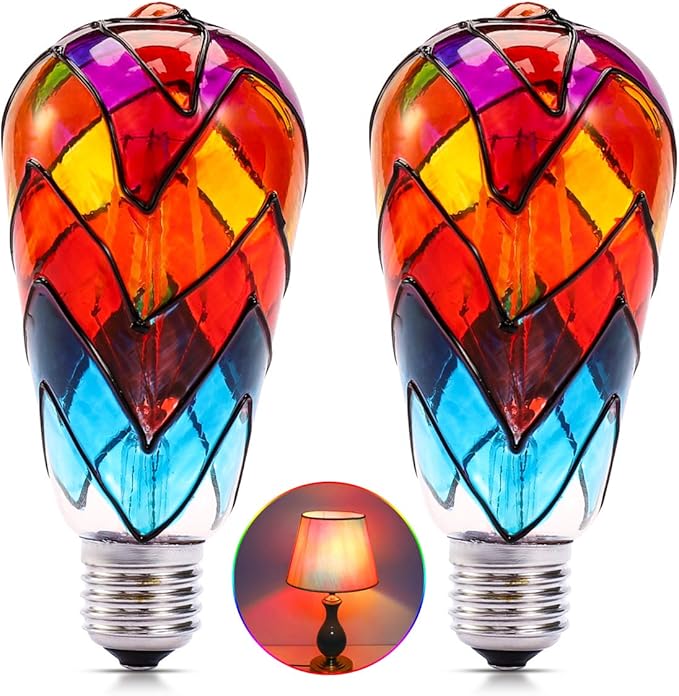 I-SHUNFA Edison Stained Glass LED Light Bulb,6 Watts Heatless E26 ST64 LED Light Bulbs for Home Party,Recreation Room,Balcony,Garden,Christmas Decoration 2 Pack