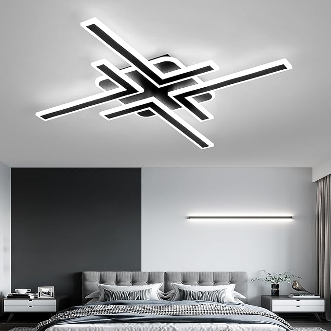 Modern Sputnik Flush Mount Ceiling Light Fixture 34.25Inches LED Dimmable Ceiling Light with Remote Control 3 Color 64W Black Chandelier for Kitchen Dining Room Living Room Bedroom.