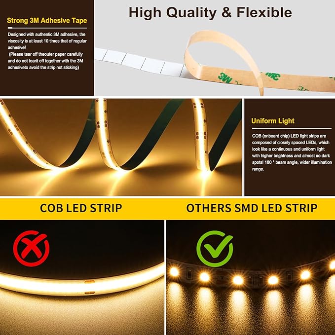 COB LED Strip Light,CCT Dimmable Strips Light,2700K-6500K,16.4ft/5m,8mm Wide,CRI90+ 24V LED Strips Kit with Bluetooth APP Control/Music Mode,for Bedroom,Kitchen,DIY Lighting