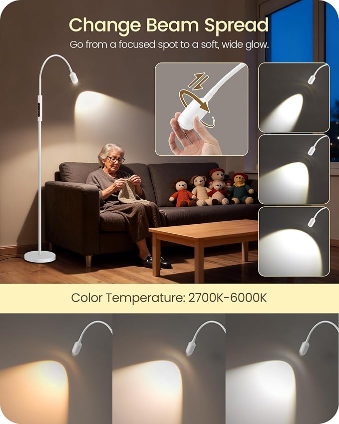 Reading Floor Lamp, 74.2" Tall LED Lamp, with 360° Flexible Gooseneck & Touch & Remote Control, Ajustable Color & Beam, Crafts Standing Lamp, for Reading, Task Craft, Living, White WW16LD05
