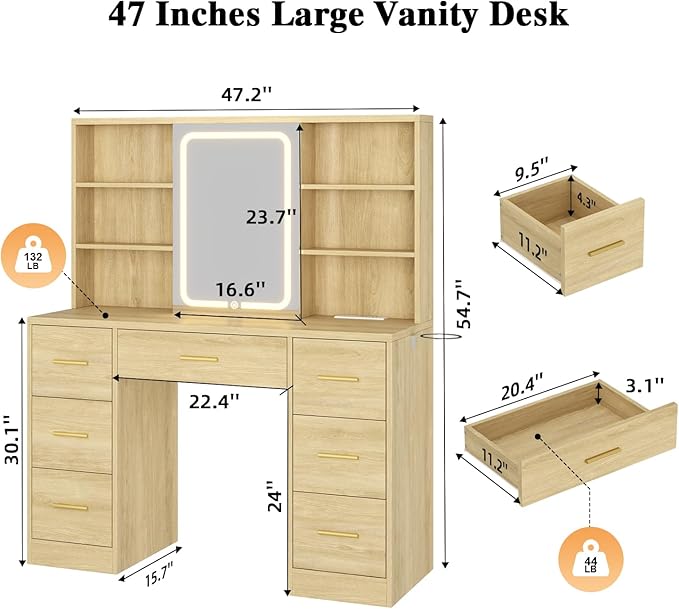 47'' W Large Vanity Desk with Mirror and Lights, 8 Storage Shelves 7 Drawers Vanity Table, Big Makeup Vanity Desk with 3 Lighting Modes, Vanity Dresser with Charging Station, Sliding Mirror (Natural)