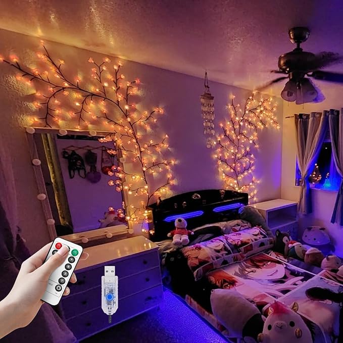 Cherry Blossom Lights,DIY Pink Cherry Blossom Wall Decor,5.25FT 72 LED Tree Branch Lights for Wall,Remote,Timer,8 Modes Willow Vine Light with Flowers for Bedroom Home Christmas Decorations,Gift