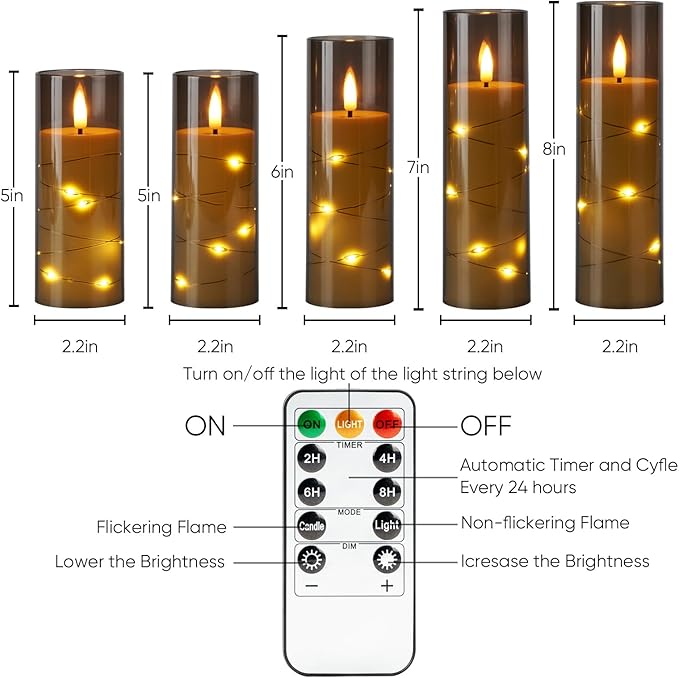 Homemory Flameless Candles with Star String Fairy Lights, Battery Operated Candles, LED Candle, Fake Candles with Remote Control and Timer, Modern Home Decor, Grey, Set of 5