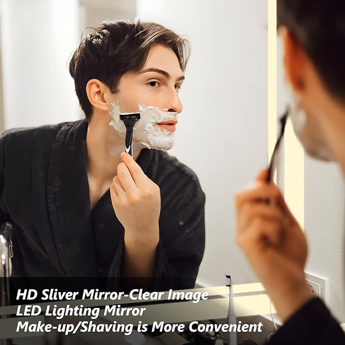 LED Lighted Mirror, 20x28 Inch Bathroom Vanity Mirror Wall Mounted with 3000K/4000K/6000K Adjustable, Anti-Fog, Smart Touch Button, Stepless Dimmable Makeup Mirror, Horizontal/Vertical