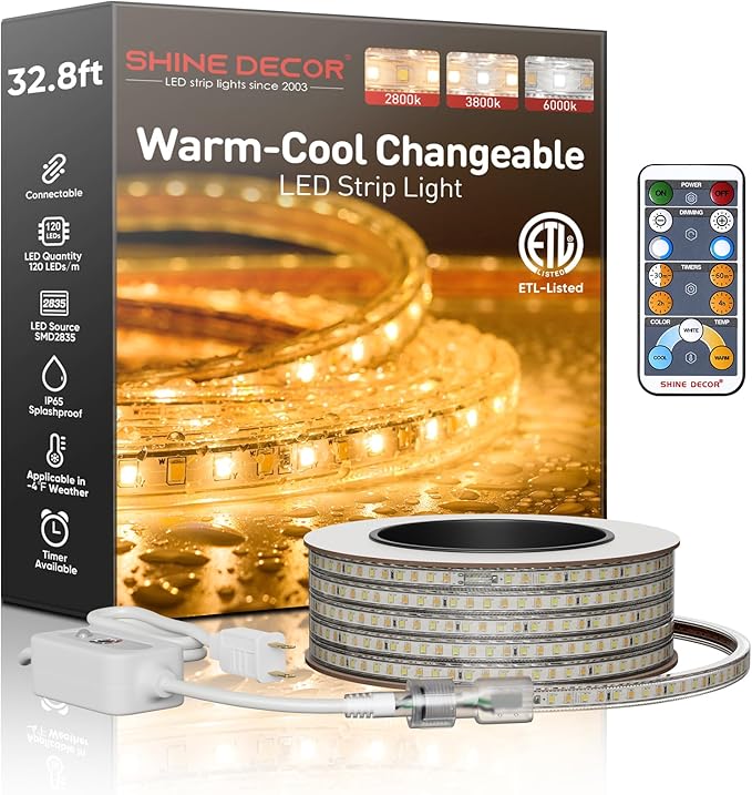 Shine Decor LED Strip Light Connectable, CCT 2800-6000K Warm-Cool Changing Tone for Room, 32FT 120V Plug-in Outdoor Rope Lighting Cold Resistant Waterproof ETL Listed, Remote Timer Available