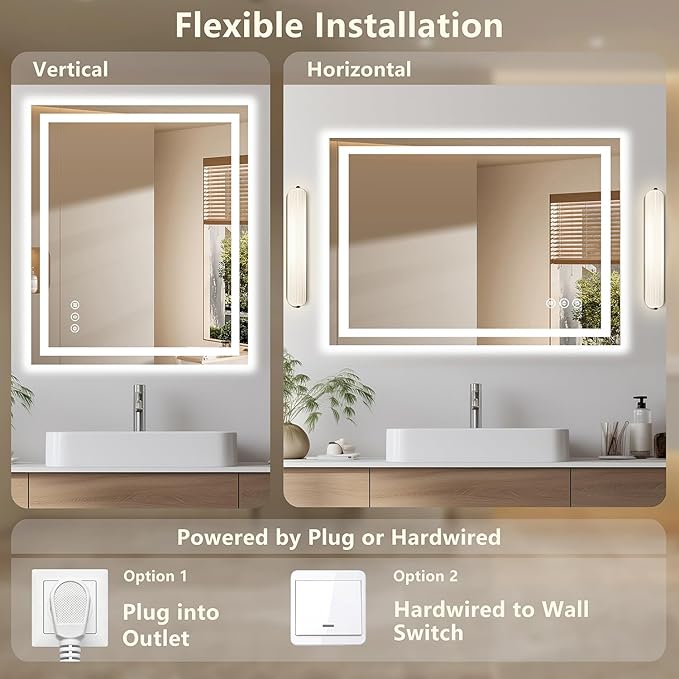 72x36 LED Bathroom Mirror with Lights - Dimmable, Anti-Fog, 3 Color Backlit & Front Lit Mirror for Bathroom, Shatter-Proof Tempered Glass, Easy Installation