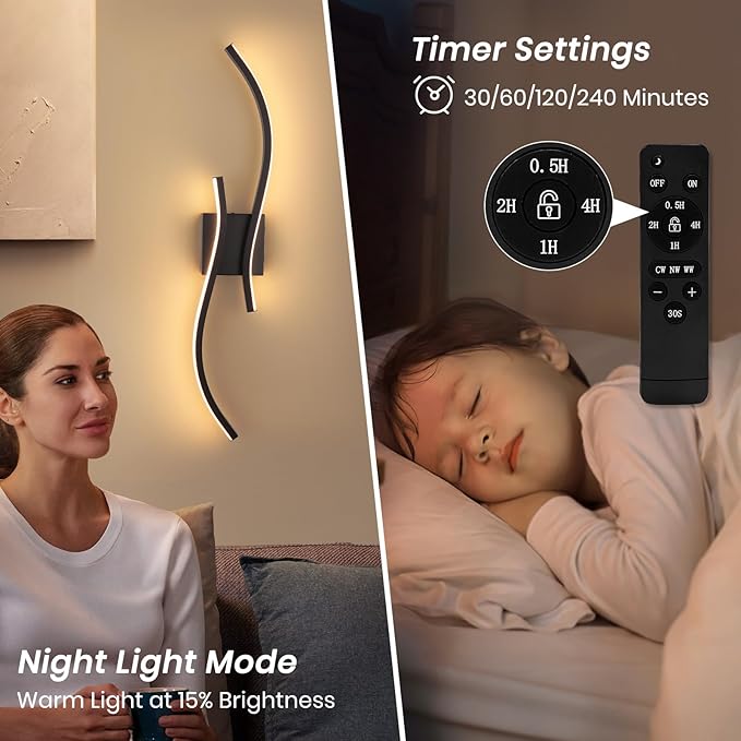 CANEOE Battery Operated Wall Sconces with Remote Control,10000mAh USB Rechargeable Black Wall Light,3000K-6000K LED Wireless Wall Lamp for Bedroom,Hallway,Background Wall,31.5inch,1 Pack