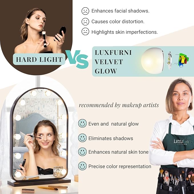LUXFURNI Large Hollywood Vanity Mirror with Lights, Lighted Makeup Mirror with 12 Dimmable Bulbs Smart Touch Control 3 Color Lighting Modes(24.5" x 15.8" Black)