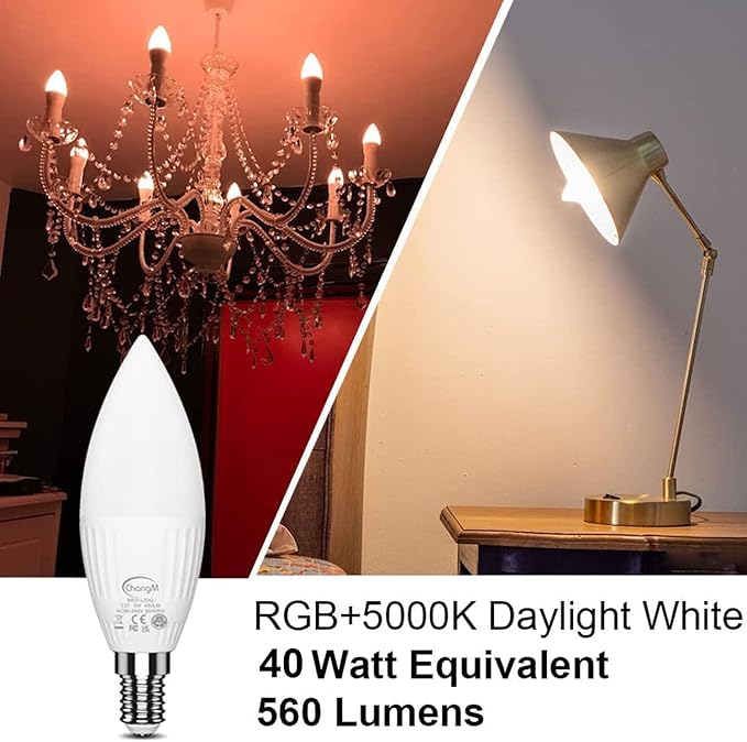E12 LED Candelabra Light Bulbs 40W Equivalent, B11 Color Changing Candle Bulb with Remote Control,Colored Chandelier Light Bulbs RGB+5000K Daylight,5 Watt,12 Colors,2 Modes,Timer,Small Screw Base