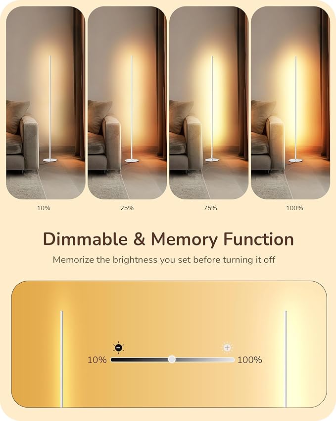 EDISHINE LED Corner Floor Lamp, Minimalist Dimmable Light with Remote, 57.5 Inches Tall Floor Lamps for Living Room, Bedroom, Home Office, 7 Color Temperature 2700-6000K (White)