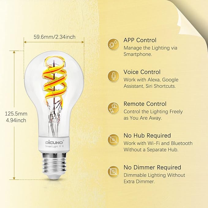 DiCUNO Smart Edison Bulb A19, Color Changing WiFi Smart Light Bulb, Vinatge A60 Filament Bulb Compatible with Alexa & Google, Dimmable with App, 50 Watt Equivalent 450LM, No Hub Required, 2 Pack