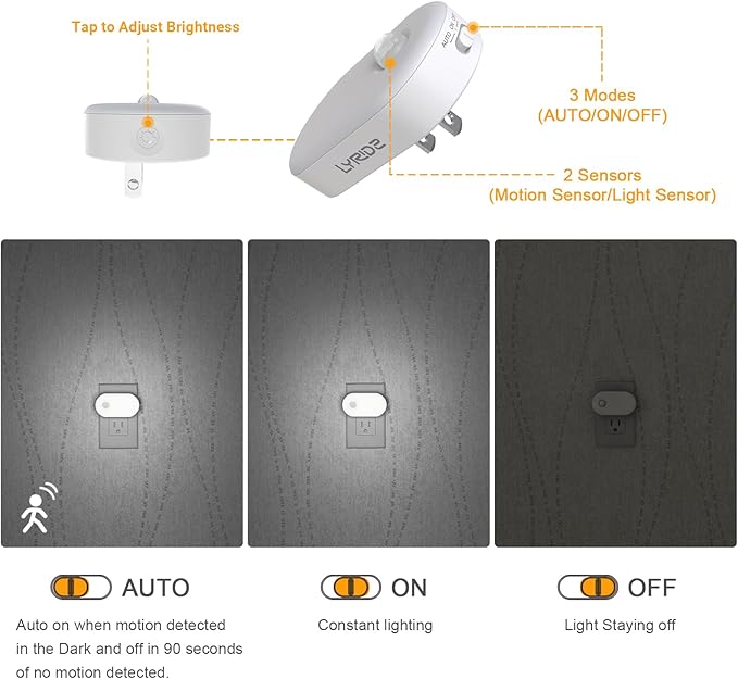Lyridz 120LM Ultra Bright Plug-in Motion Sensor Night Light, Stepless Dimmable LED Nightlight, Always-On and Auto-Off, for Hallway, Stairs, Bathroom, Bedroom, Garage, Cool White (6-Pack)