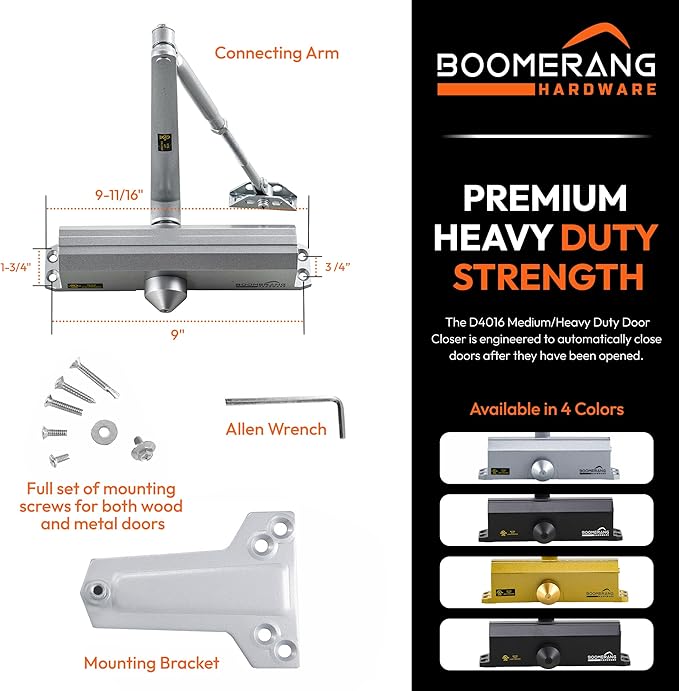 Boomerang Medium/Heavy Duty Automatic Commercial Door Closer -D4016 Surface Mounted, Grade 1- ADA & UL 3 Hour Fire Rated, Adjustable Size 1-6 for Entry & Aluminum Storefronts, Aluminum/Silver (US26D)