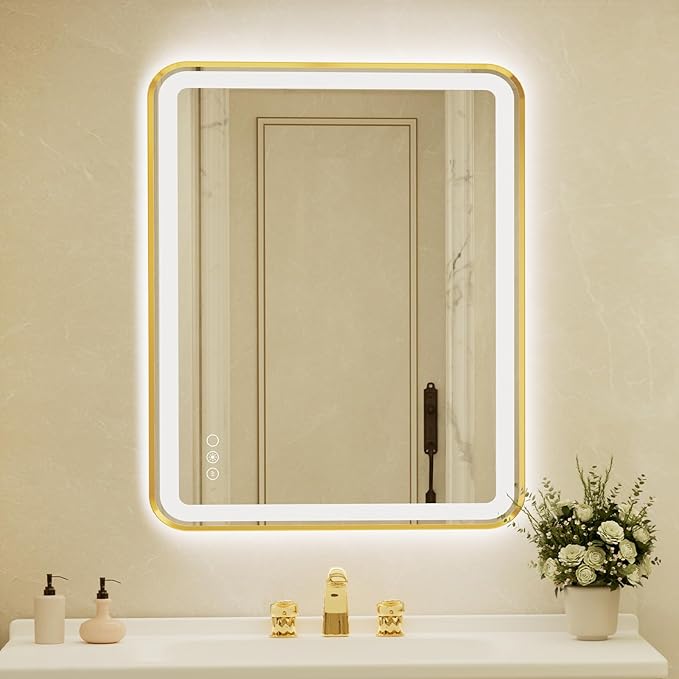 32x40 Inch LED Bathroom Mirror with Gold Frame,Front and Backlit Vanity Mirror,Tempered Glass,Stepless Dimmable Wall Mirrors with Anti-Fog, 3 Colors, Memory, Waterproof, LED Smart Bathroom Mirror
