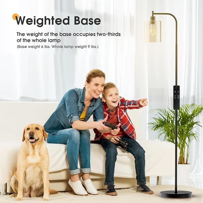 Industrial Floor Lamp with Glass Shade, Modern Dimmable Floor lamp with Remote LED Bulbs, Tall Lamp for Living Room Corner, Bedroom, Office (Black)