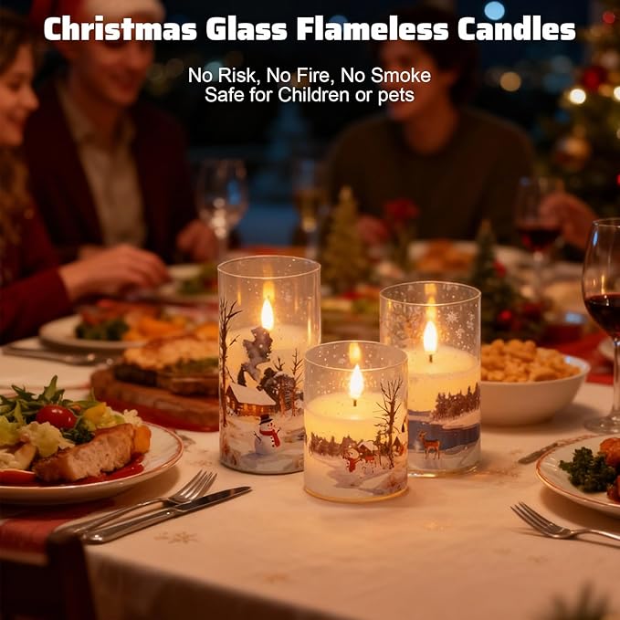 Wondise Chrismtas Snowman Glass Flameless Candles with Remote Timer, Battery Operated Real Wax 3D Wick LED Flickering Pillar Candles for Christmas Decoration Thanksgiving Holiday Gift