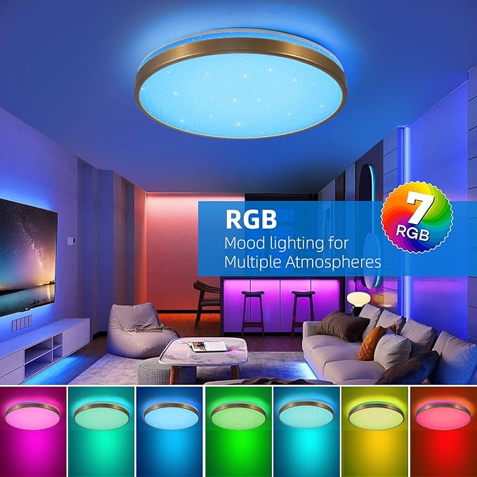 HOREVO RGB Flush Mount Light Fixture with Bluetooth Speaker, 24W Dimmable Brushed Nickel LED Ceiling Light for Bedroom, Living Room, Kid's Rooms, Kitchen, Hallway (Need Wired)